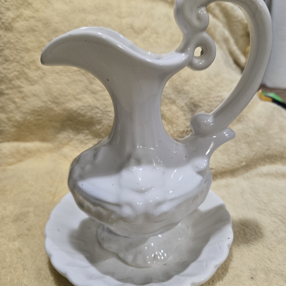 Elegant White Ceramic Pitcher with Saucer